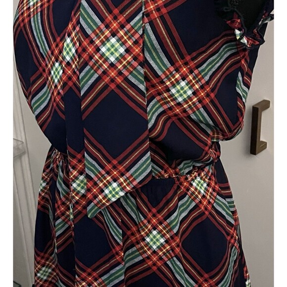 New York & Company Plaid Sleeveless Dress Sz XS Navy Red Green Ruffle Tiered - Picture 8 of 9